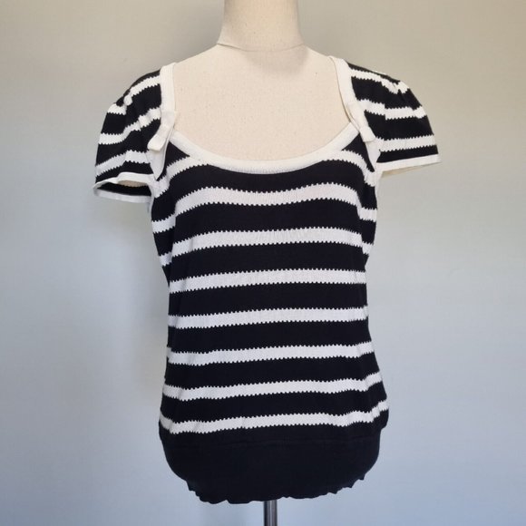 Review Black & White Stripe Bow Detail Cap Sleeve Knit Top Size 14 - Picture 2 of 8
